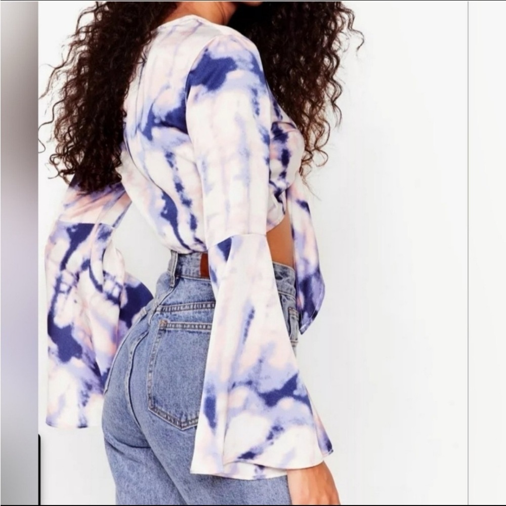 Nasty Gal Flare to Join Us Purple Pink Tie Dye Long Sleeve Cropped Blouse US 0 - Picture 2 of 10